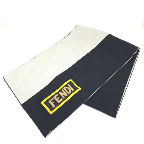 FENDI FXS124 Bicolor logo Scarf wool Black x White - Picture 1 of 8